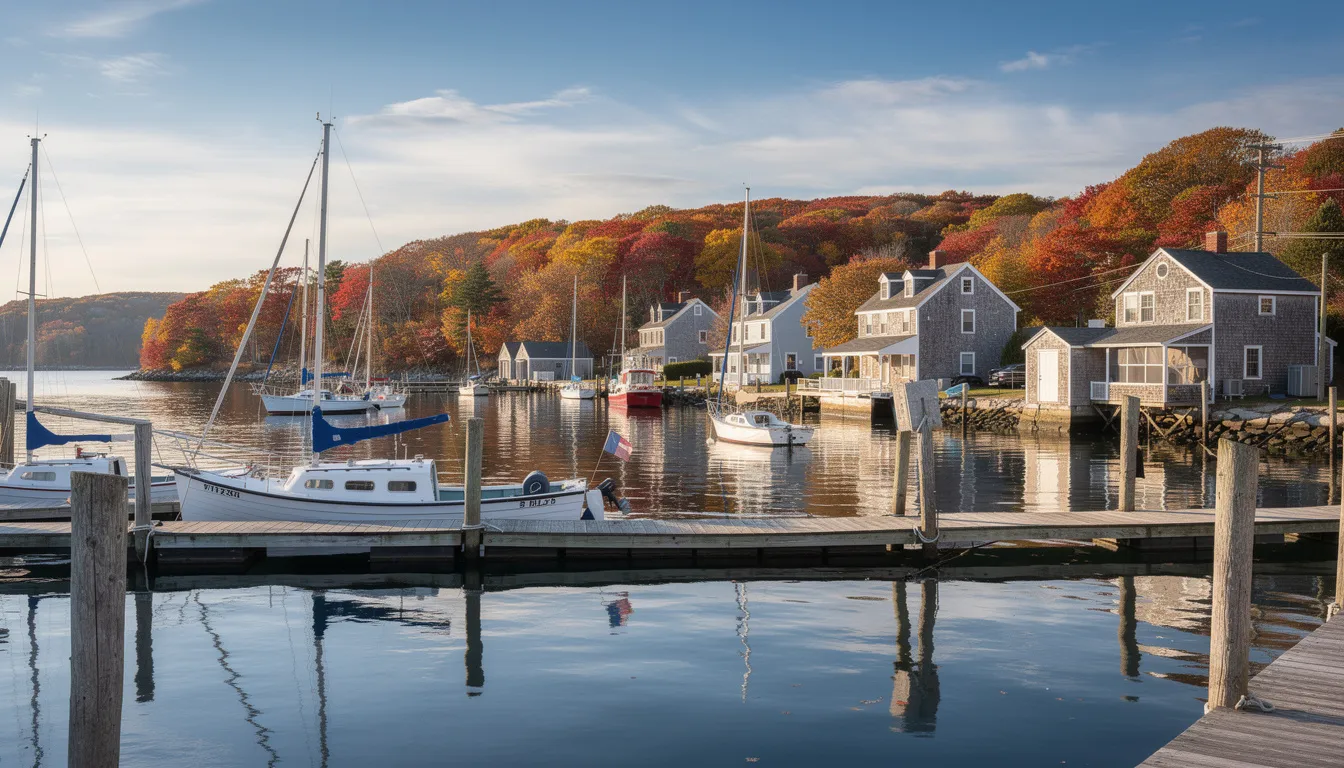 The image depicts boats moored in a serene New England harbor, surrounded by vibrant autumn trees reflecting the season's colors. This scenic waterfront setting highlights the charm of Connecticut's coastal lifestyle, perfect for those interested in waterfront properties and boating activities.
