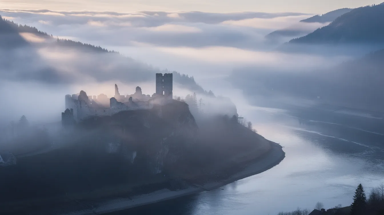 Die nebelverhangene Berglandschaft zeigt eine eindrucksvolle Burgruine, die majestätisch über einem Fluss im Tal thront, während die ersten Lichtstrahlen des Morgengrauens die Szenerie sanft erhellen. Diese romantische Darstellung vermittelt ein Gefühl von Naturverbundenheit und erinnert an die Themen der Literaturgeschichte, insbesondere der Romantik.