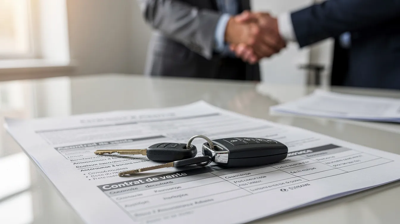 L'image montre des clés de voiture posées sur des documents, symbolisant l'achat d'une première voiture, avec une poignée de main en arrière-plan, illustrant un accord ou une transaction. Ce moment peut évoquer des conseils sur l'assurance auto et la responsabilité civile pour les jeunes conducteurs en Belgique.