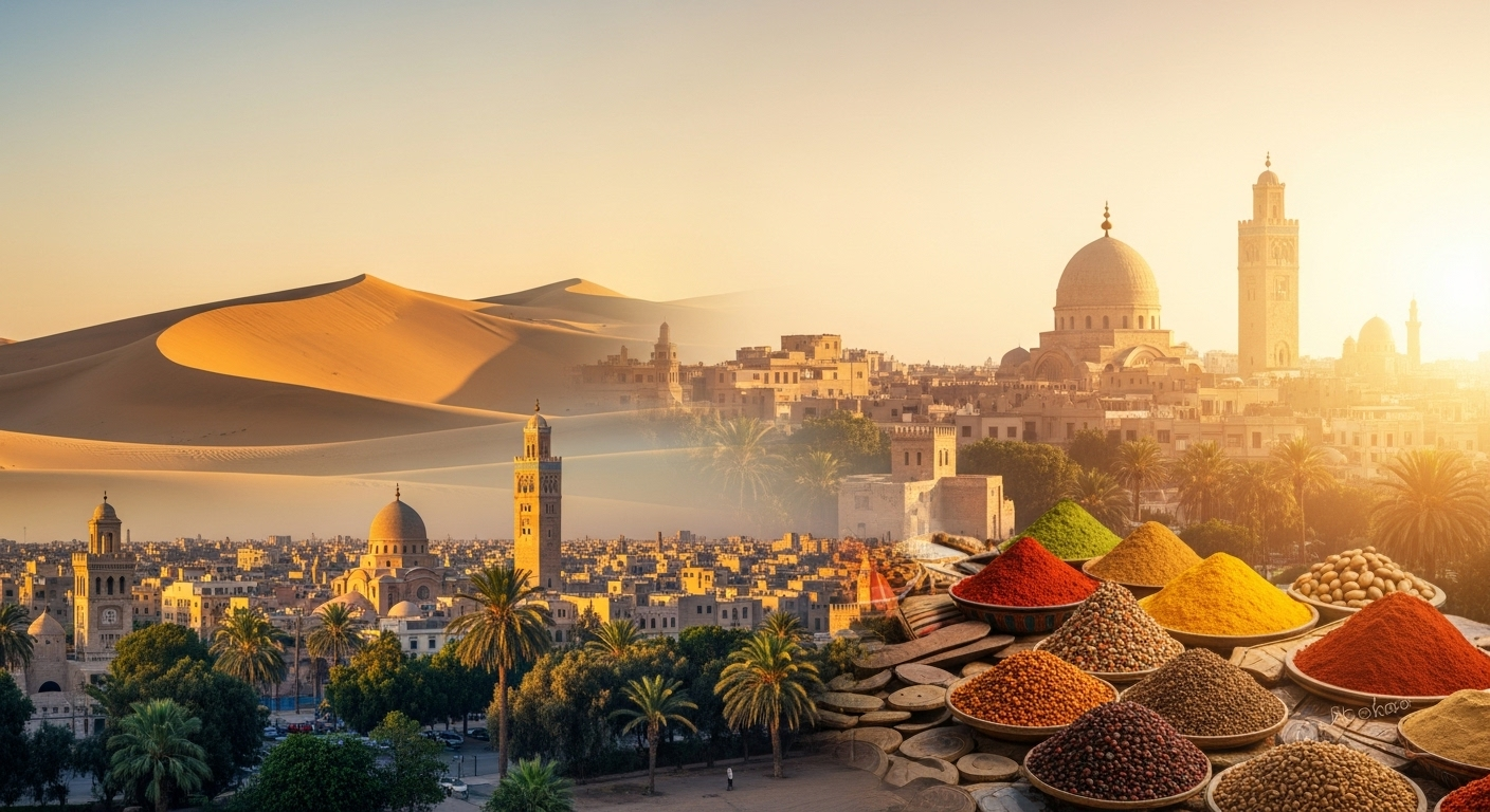 Panoramic view of North Africa blending golden Sahara Desert dunes with historic city skylines of Cairo, Marrakesh, and Tunis at sunset, featuring palm trees, domed mosques, and colorful spice markets in warm golden light.