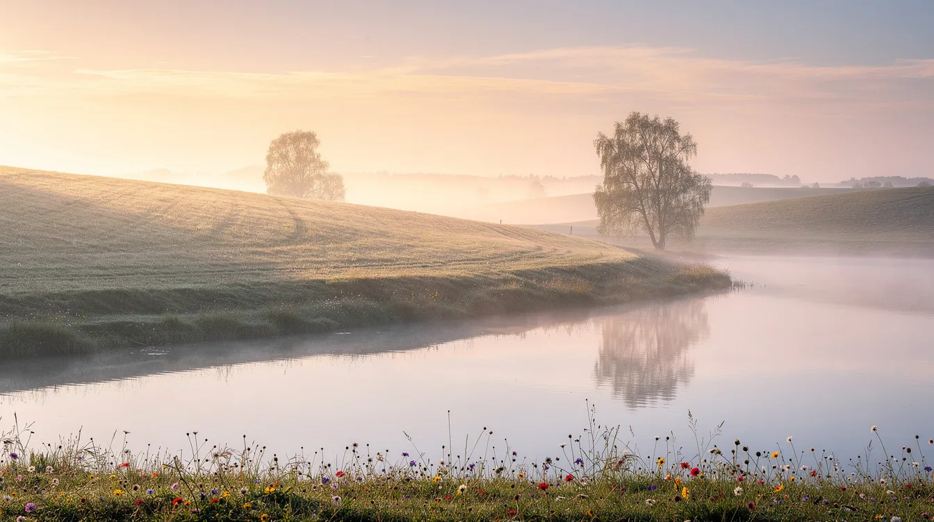 The image depicts a serene sunrise illuminating a tranquil landscape with soft golden light, symbolizing the potential for improved sleep quality and reduced stress levels. This peaceful scene suggests a calming start to the day, which may aid in regulating cortisol levels and promoting better sleep hygiene.
