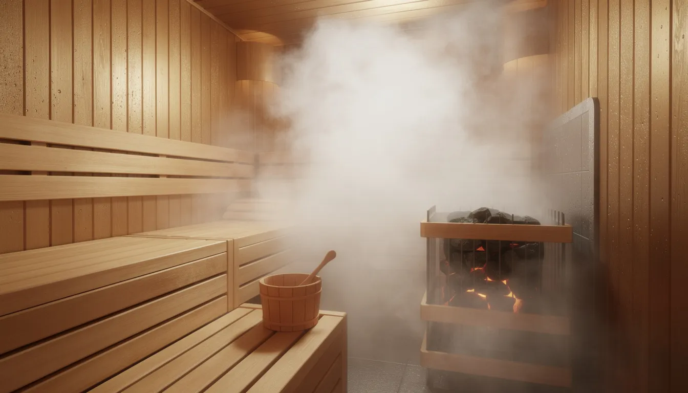 The image depicts a steam sauna, showcasing its wooden interior with a sauna heater, hot stones, and steam rising in the air, creating a warm and relaxing atmosphere. Proper ventilation is emphasized, with intake and exhaust vents visible to ensure air circulation and prevent moisture issues, enhancing the sauna experience while prioritizing safety.