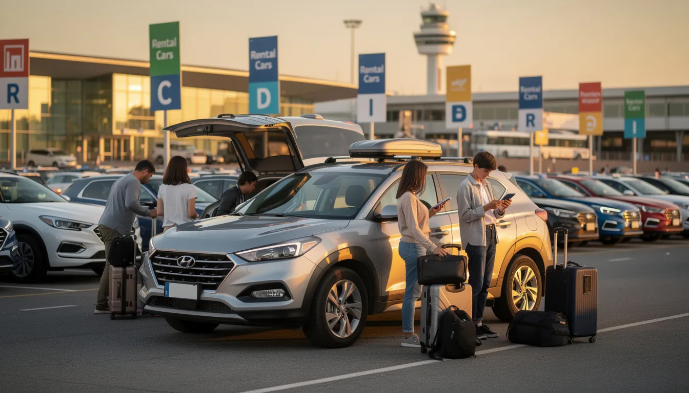 A modern compact SUV is parked in an airport rental lot, where several travelers are loading their luggage into the vehicle's spacious cargo space. This rental vehicle, ideal for family trips and outdoor adventures, offers a comfortable ride and extra room for bulky items, making it a popular choice among travelers.