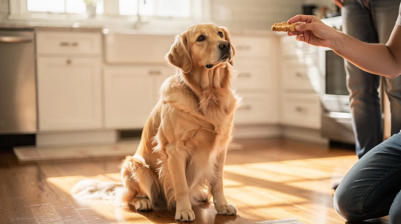 A golden retriever sits patiently in a bright kitchen, eagerly watching its owner who holds a small homemade dog treat made with healthy ingredients. The scene captures the bond between the pet and its owner, highlighting the joy of giving homemade cbd dog treats to furry friends.