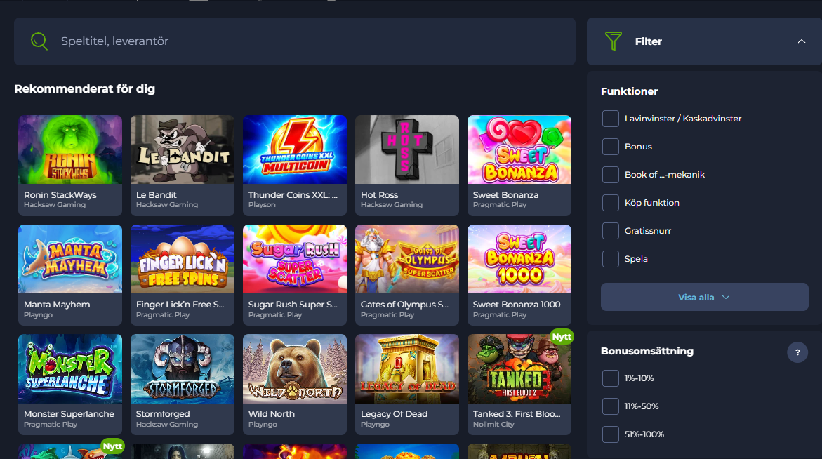 SlotV Casinos sök- och filterfunktion för att hitta och sortera casinospel.
