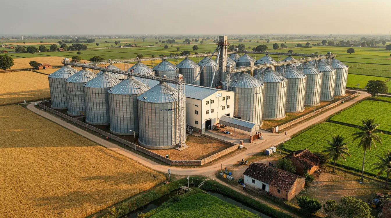 An aerial view showcases a modern steel grain silo complex, featuring multiple cylindrical grain storage silos surrounded by lush farmland in rural India. This infrastructure plays a crucial role in enhancing food security and reducing post-harvest losses for farmers by providing efficient storage facilities for large volumes of grains like rice and wheat.