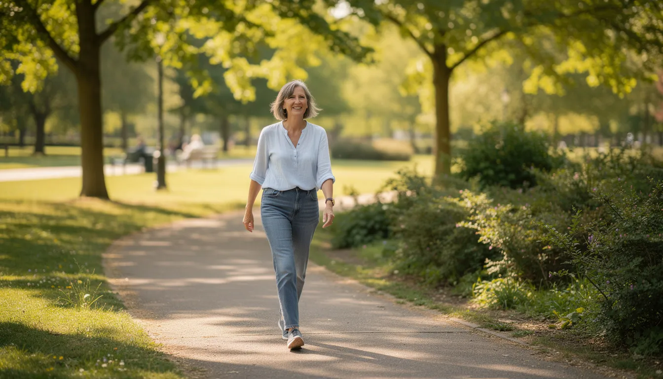 A woman in her 50s is walking along a sunny path in a park, enjoying the outdoors and engaging in a heart-healthy lifestyle that can help reduce her risk of cardiovascular disease. This leisurely activity promotes cardiovascular health and can contribute to preventing heart disease in women.