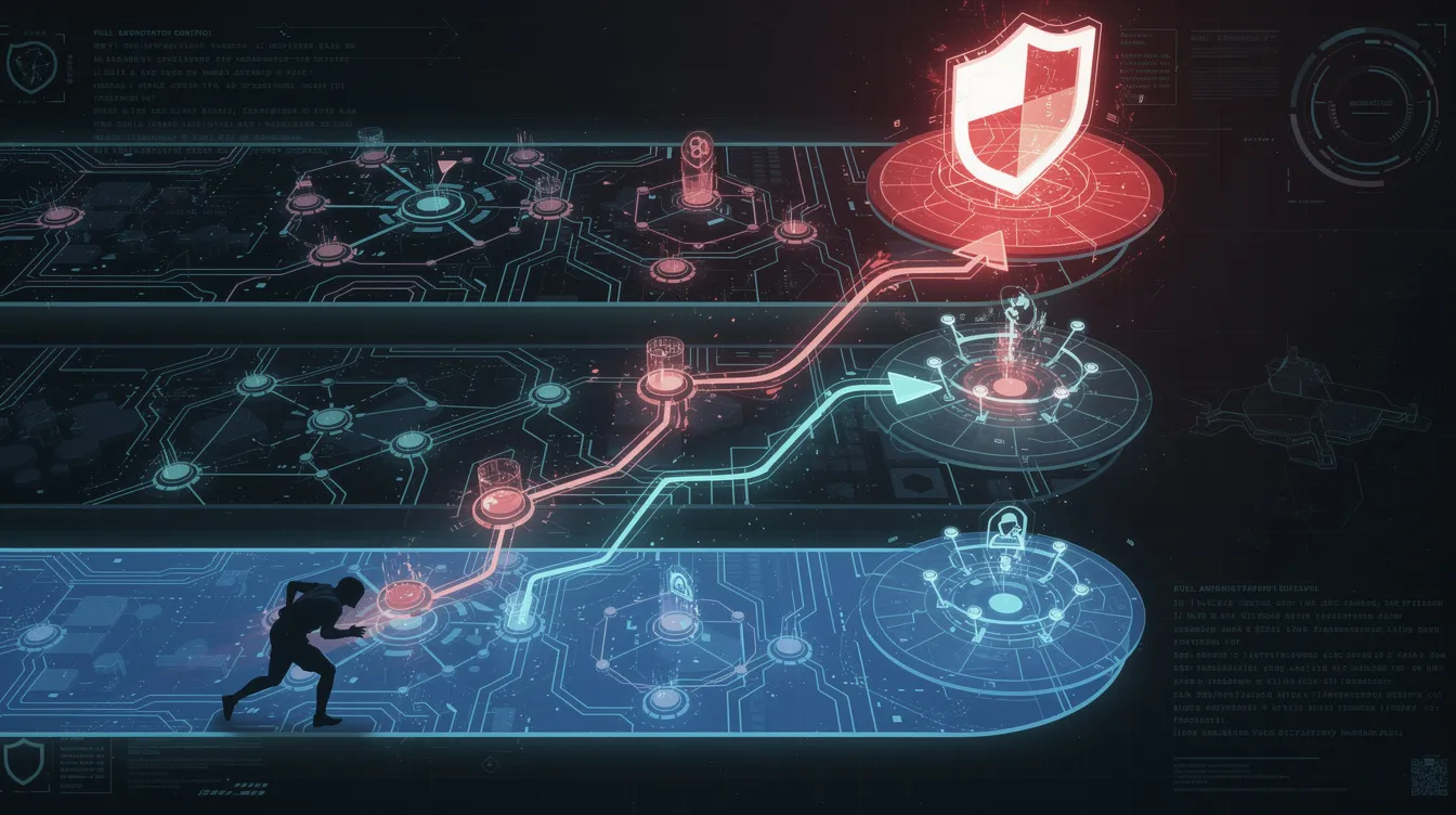 The illustration depicts an attacker navigating through a layered system architecture, showcasing the process of privilege escalation from low-level access to complete control, set against a dark cyber environment filled with glowing nodes representing multiple vulnerabilities. This visual highlights the steps involved in gaining unauthorized access and executing malicious code, emphasizing the risks of data theft and system compromise.