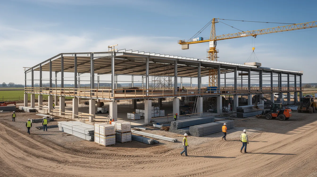 The image depicts a construction site for a new dairy processing facility, showcasing a steel framework that will support the milk processing plant. This dairy processing unit is designed to enhance the production and quality control of dairy products, catering to the rising demand in the dairy industry.