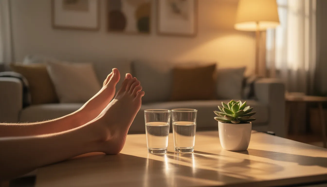 The image shows two pairs of bare feet resting comfortably on a light wood coffee table in a cozy living room, accompanied by two glasses of water and a small potted succulent, all illuminated by warm evening lighting. This serene setting reflects a shared relaxation experience, perfect for couples seeking wellness and quality time together.