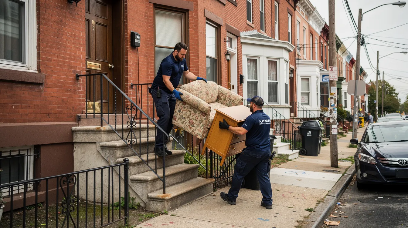 Junk removal crew carrying heavy furniture down the front steps of a Philadelphia brick rowhome during an estate cleanout