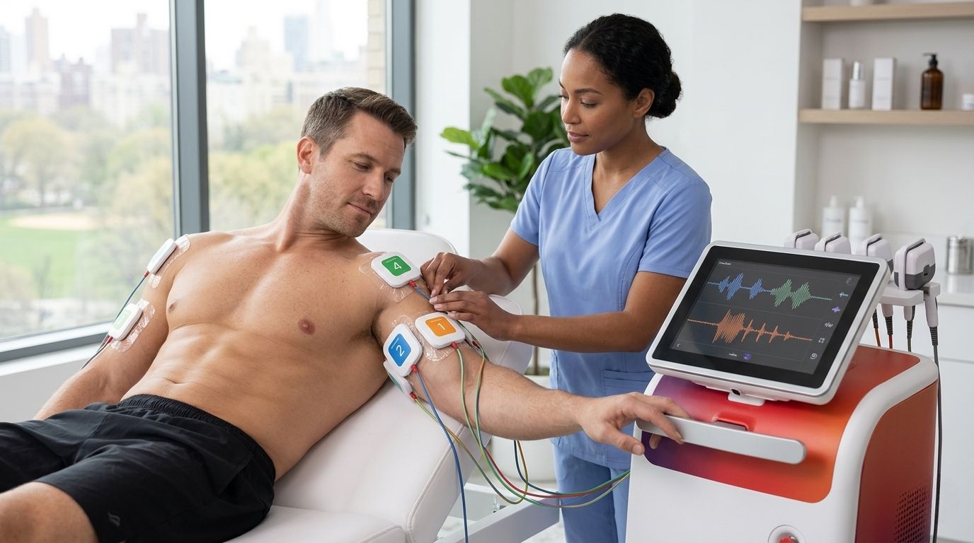 Provider adjusting stimulation device electrodes on a patient's chest and arm in a treatment room