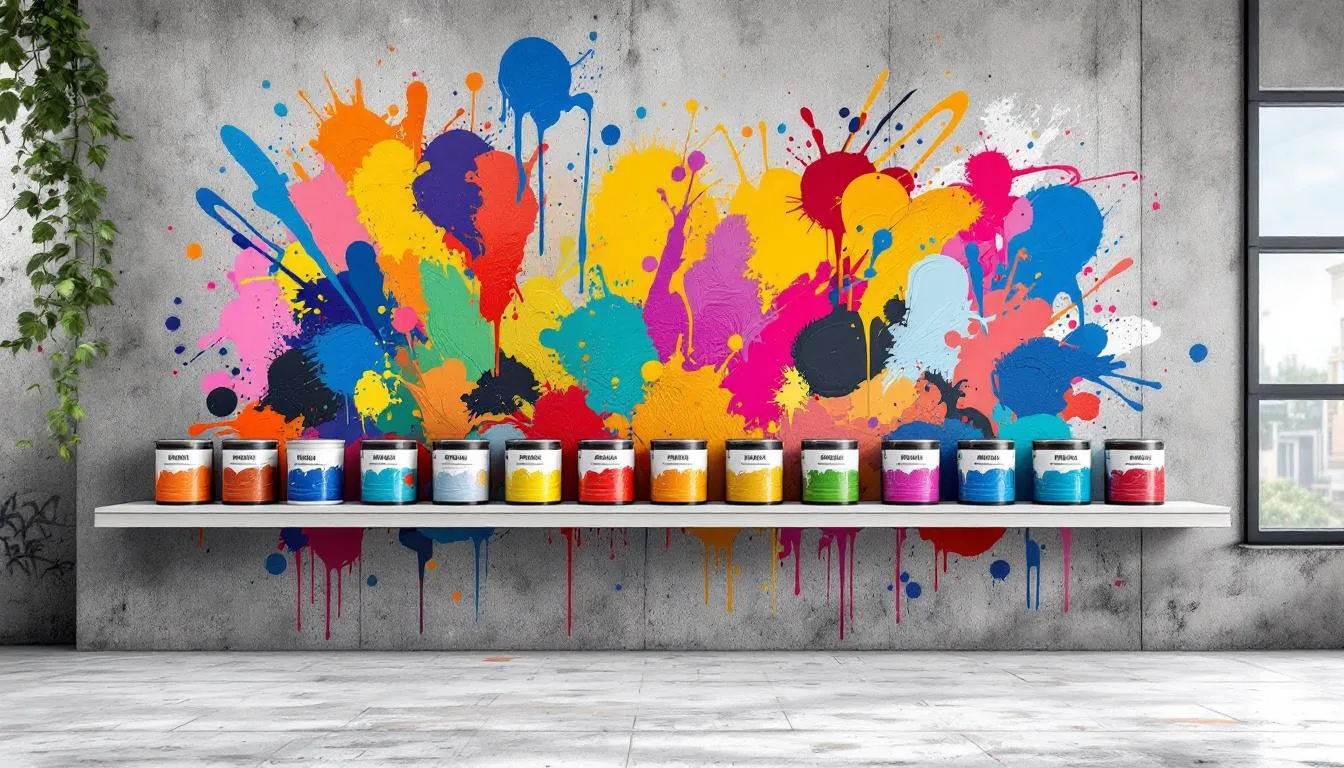 A selection of different concrete floor paints displayed on a shelf.