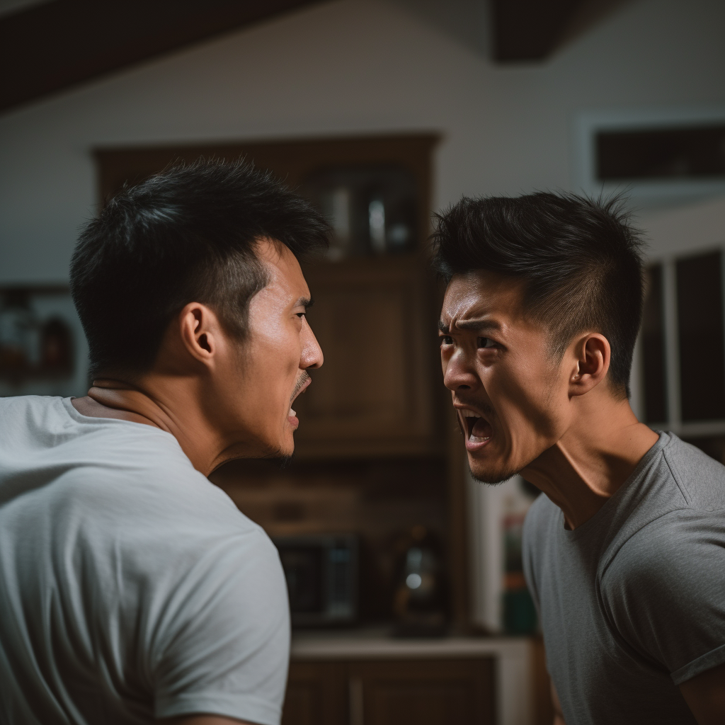 Two Asian men engaged in a heated argument in the kitchen, depicting a same-sex couple in conflict.