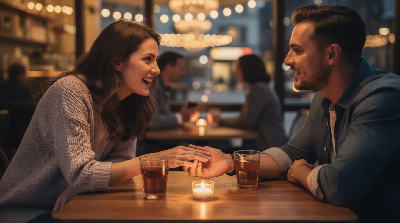 A couple on a date is engaged in a heartfelt conversation, with the woman gently touching the man's hand, showcasing their emotional connection and mutual understanding. This moment reflects the early stages of a meaningful relationship, emphasizing the importance of open communication and emotional availability as they explore their compatibility for a potential long-term commitment.