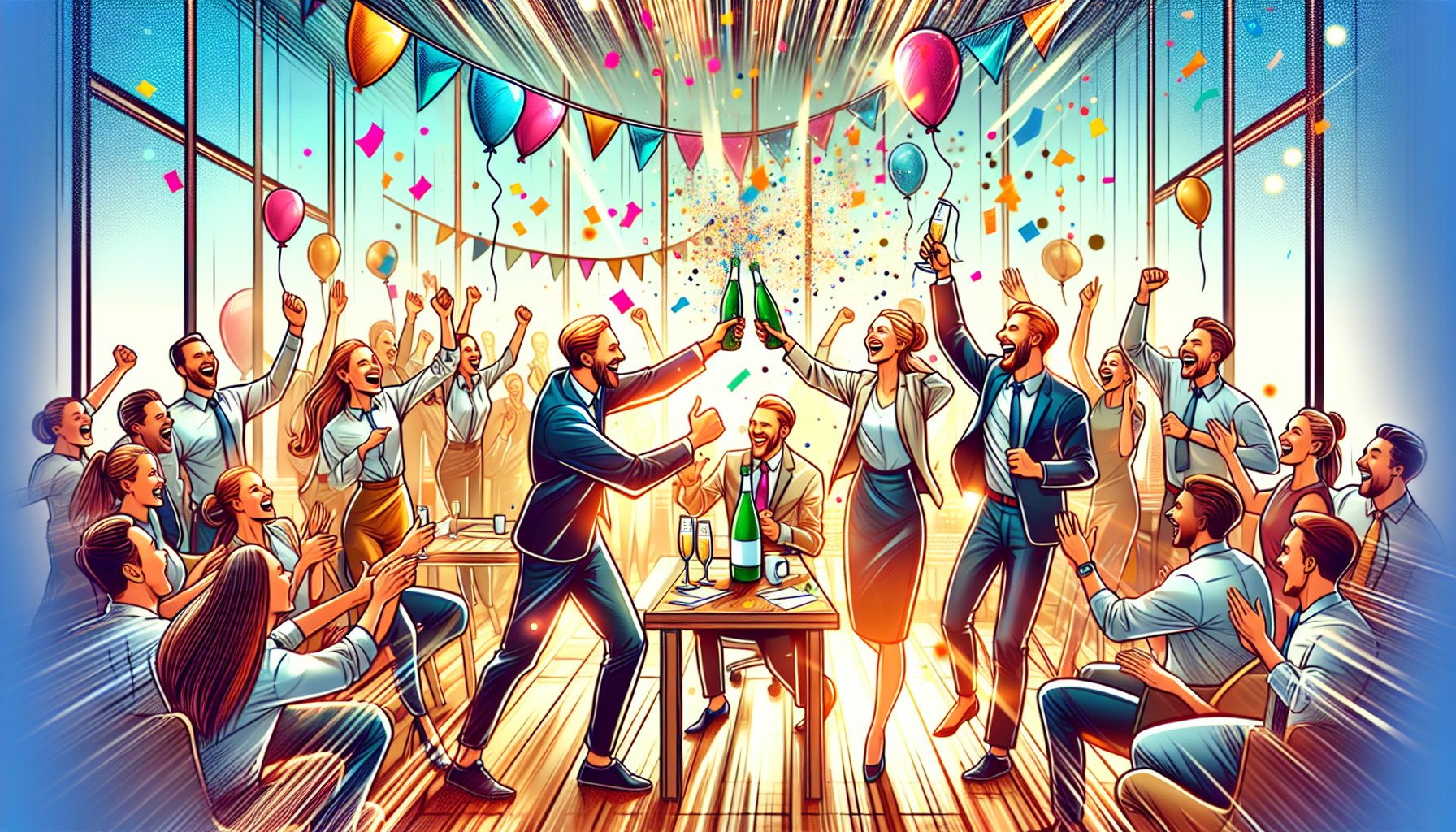 Illustration of a motivated sales team celebrating success