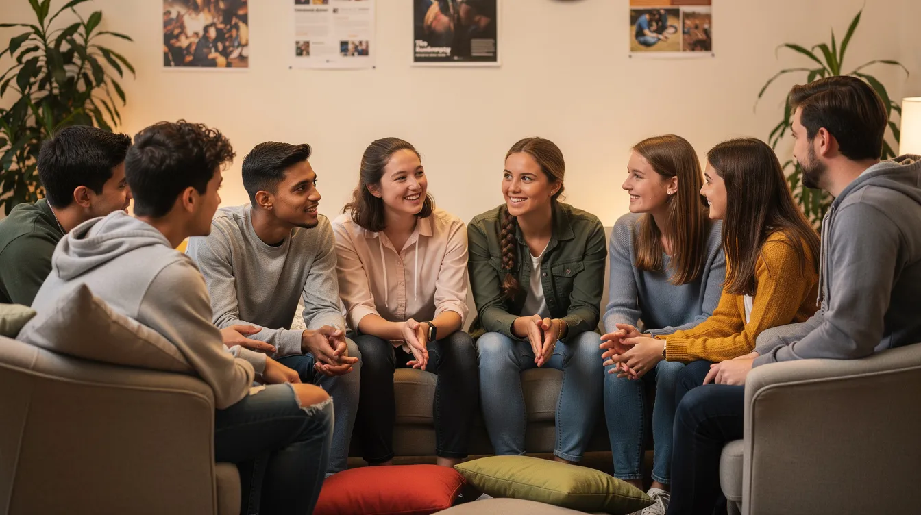 A group of teenagers is sitting together in a supportive environment, actively engaging with each other and appearing comfortable. This scene reflects the dynamics of group therapy, where young individuals share their experiences and support one another in addressing mental health concerns.