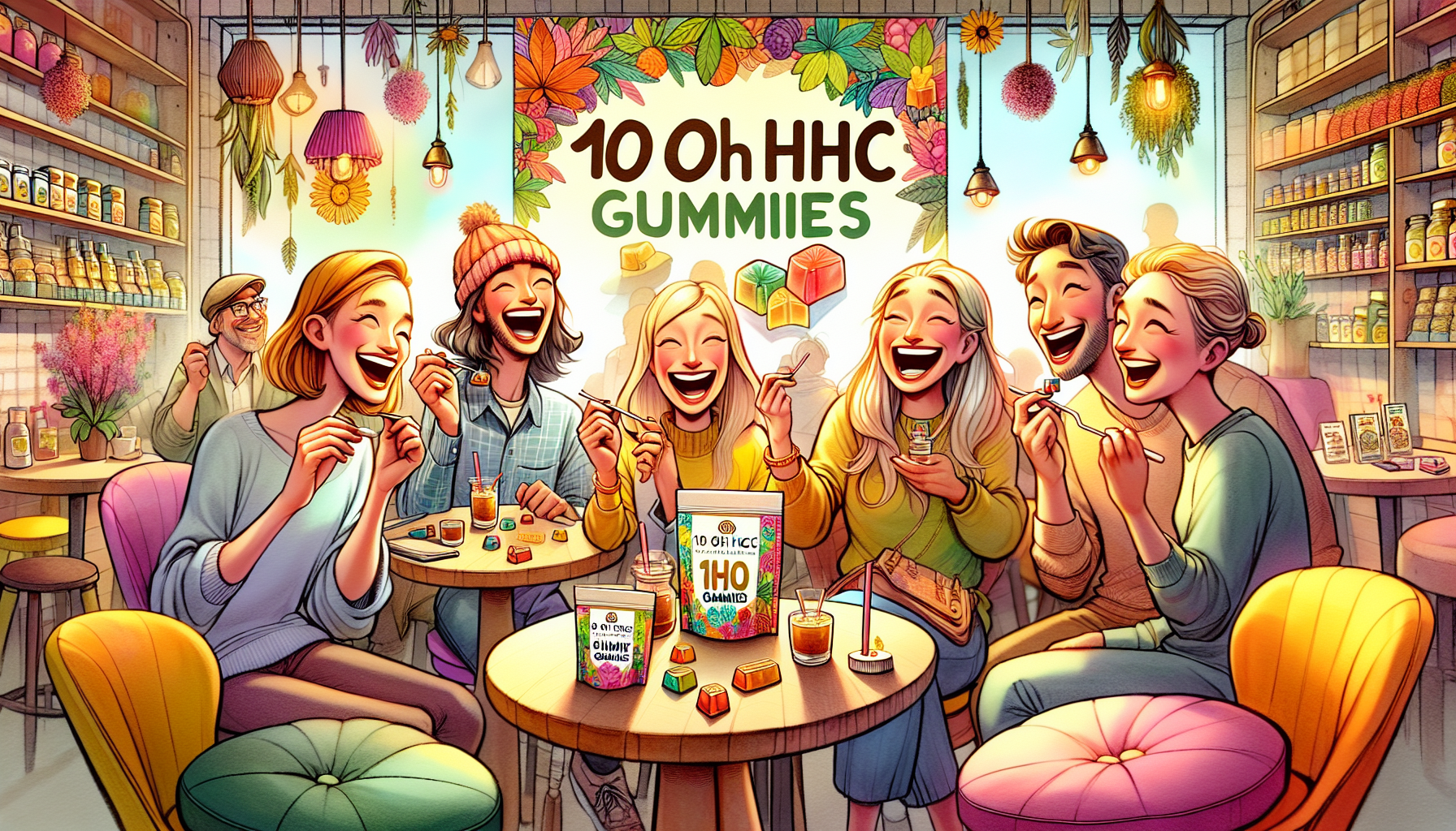 An illustration of happy customers enjoying 10 OH HHC gummy bears.