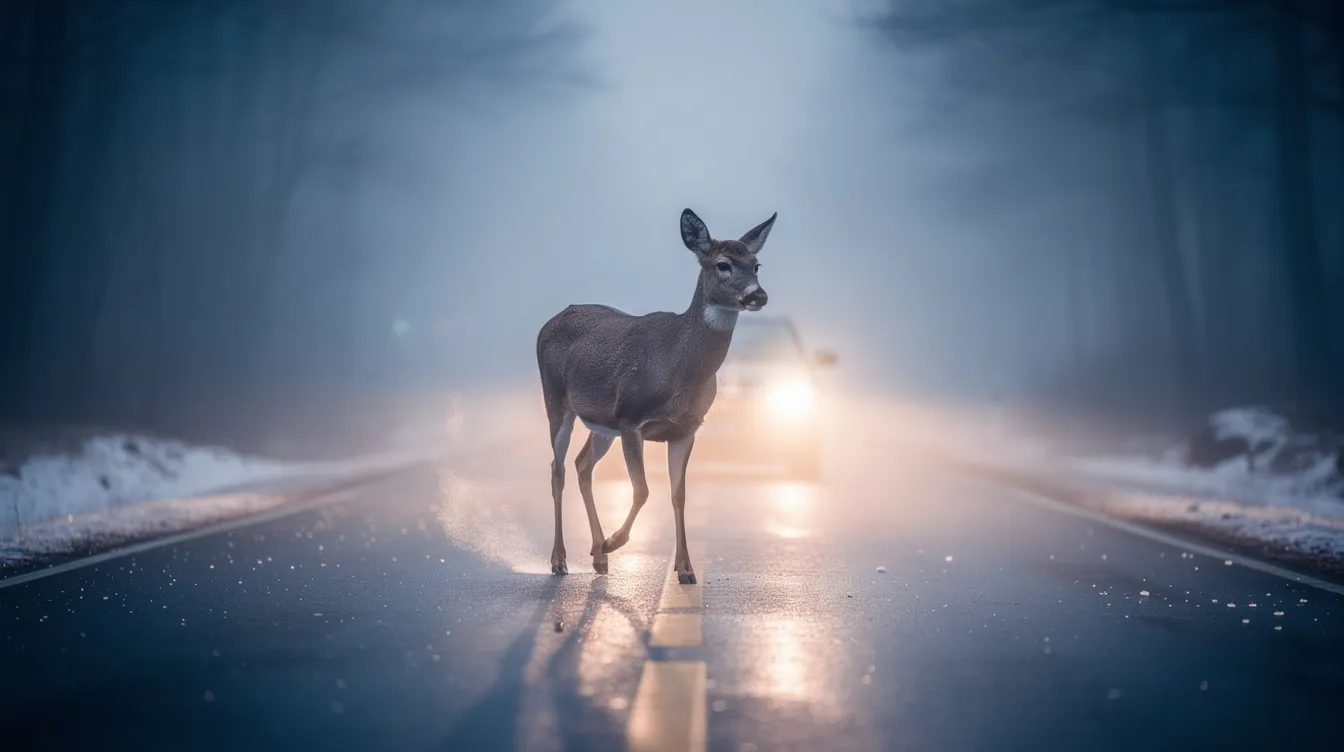 A deer cautiously crosses a foggy winter road at dawn, with the headlights of an approaching vehicle illuminating the scene. This moment highlights the importance of being aware of wildlife while driving, as it can lead to serious accidents, making car insurance coverage essential for protecting against potential vehicle damage and medical expenses.