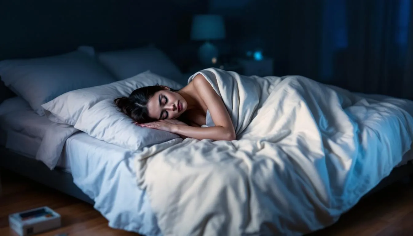 A person is sleeping peacefully in a comfortable bed, showcasing a relaxed posture that suggests a good quality of sleep, which may be beneficial for managing restless leg syndrome symptoms. The serene environment emphasizes the importance of restful sleep in improving overall well-being and muscle function.
