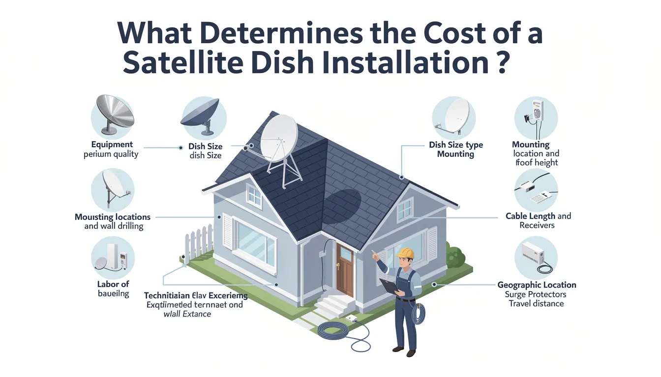 The image illustrates various factors that influence the cost of a satellite dish installation, including experienced technicians working on a DSTV setup. It highlights elements such as signal quality, equipment configuration, and the importance of proper mounting and cabling for reliable satellite television service.
