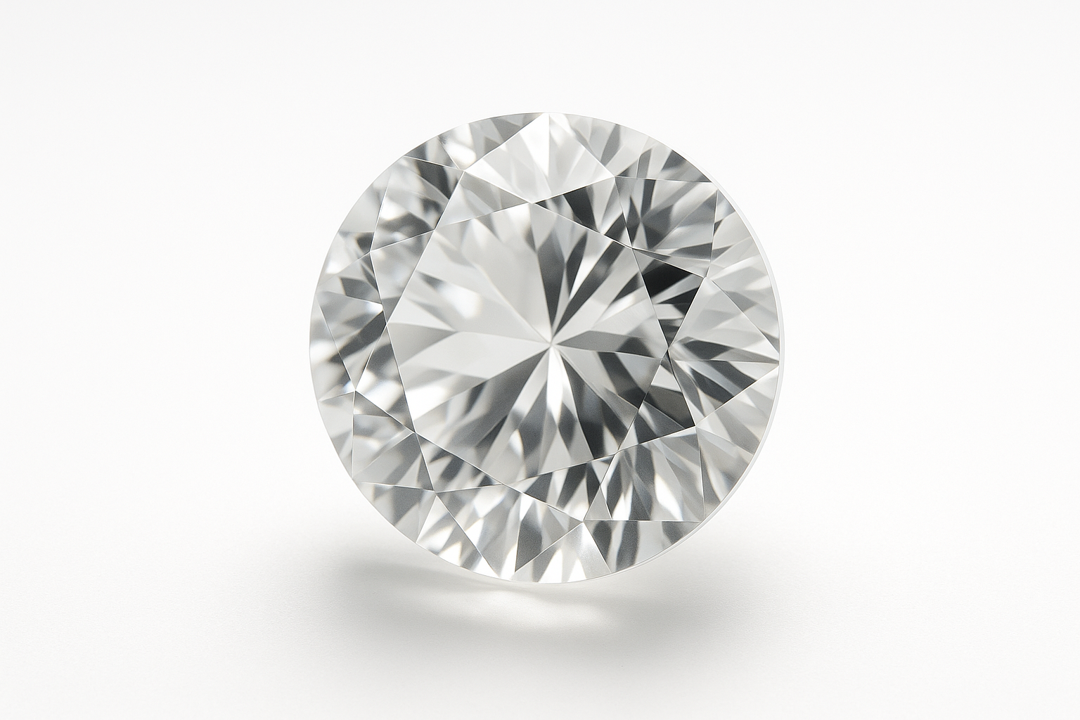 Skaidrus briliantinio šlifo kvarcas ant balto fono. Akmuo spindi krištolo skaidrumu, subtilūs atspindžiai pabrėžia jo tyrumą ir universalų grožį.