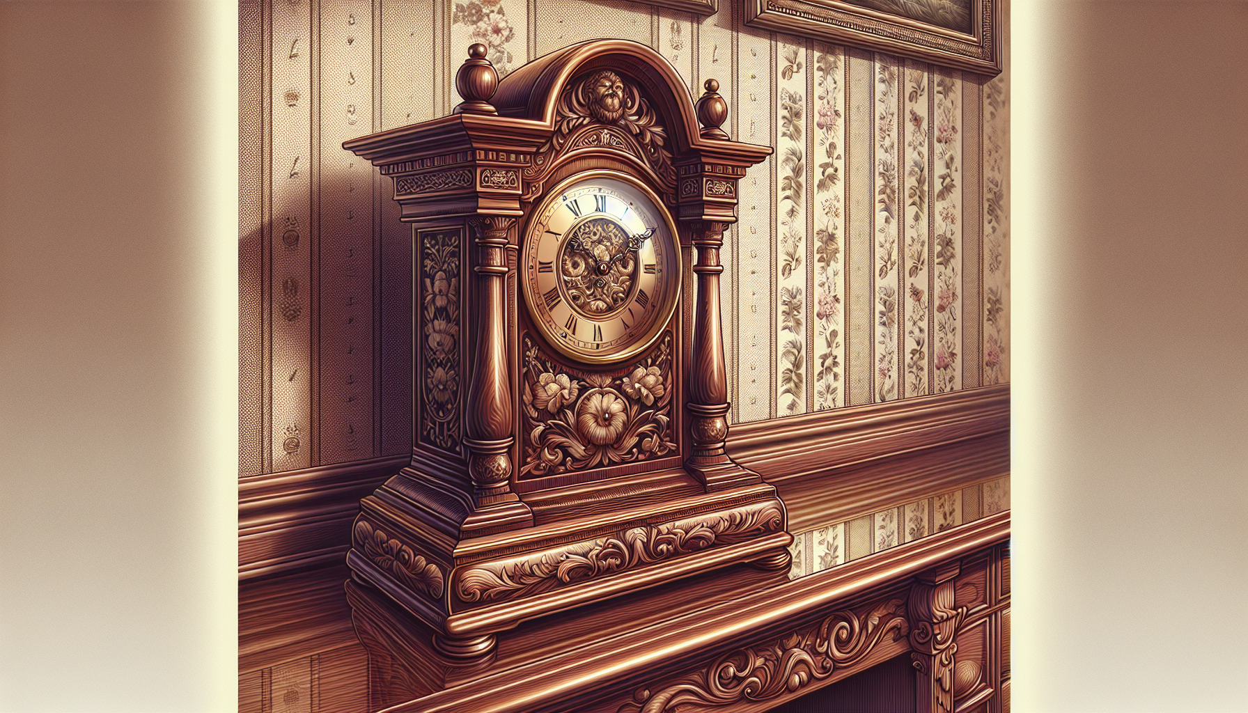 A vintage mantel clock placed on a wooden shelf