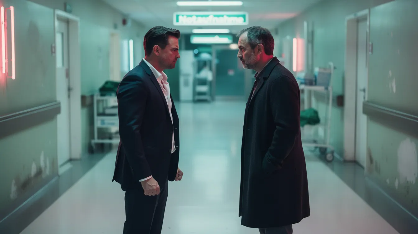 Zwei Männer stehen sich in einem kühlen, neonbeleuchteten Krankenhausflur gegenüber, einer trägt einen Anzug und der andere einen langen Mantel. Die angespannte Atmosphäre erinnert an die düstere Handlung der Serie "Fargo", in der Konflikte und Verbrechen im Vordergrund stehen.