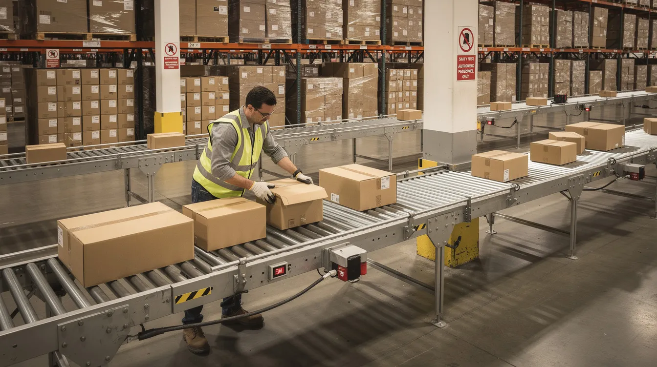 A warehouse worker is efficiently organizing packages on a conveyor belt system, illustrating key aspects of the ecommerce fulfillment process. This scene highlights the importance of inventory management and order fulfillment in a fulfillment center, ensuring timely shipping and customer satisfaction.