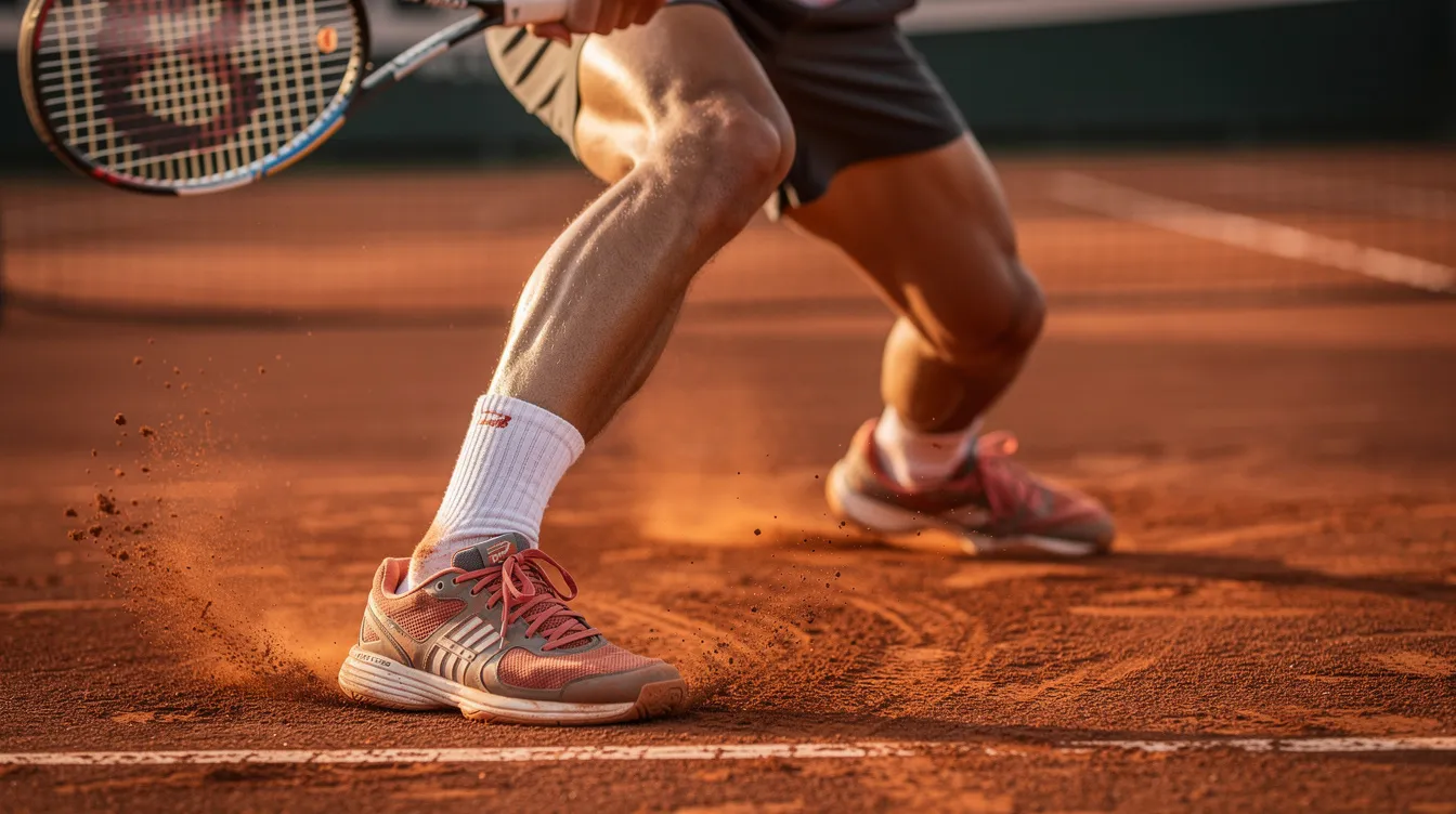 A close-up view of a tennis player's lower body reveals bent knees and a loaded outside leg in a coiled two-handed backhand stance on a clay court, showcasing the player's preparation for a powerful shot. The stance emphasizes stability and control, crucial for executing an effective backhand against an opponent.