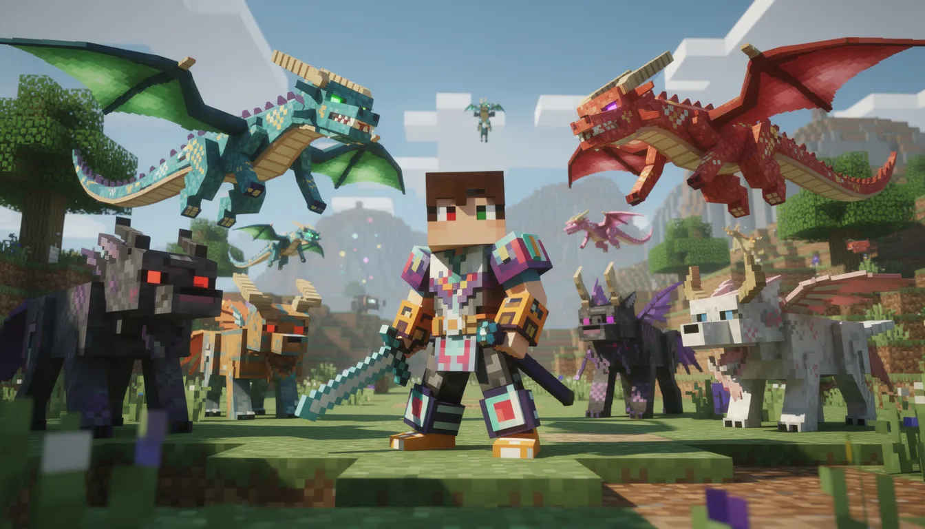 A Minecraft player character stands in a vibrant blocky landscape surrounded by colorful custom mobs, including dragons and various fantasy creatures, showcasing the exciting possibilities of installing mods and enhancing the Minecraft experience. The scene highlights the creativity and imagination that can be unlocked through modding, with new mobs and blocks adding depth to the game world.