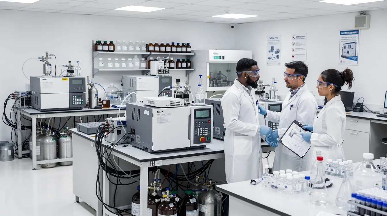 The image depicts a modern laboratory filled with several gas chromatographs, where two scientists are engaged in conversation beside one of the machines. This setting highlights the importance of breath tests that measure gases related to digestion and health, often used in diagnosing conditions like small intestinal bacterial overgrowth.