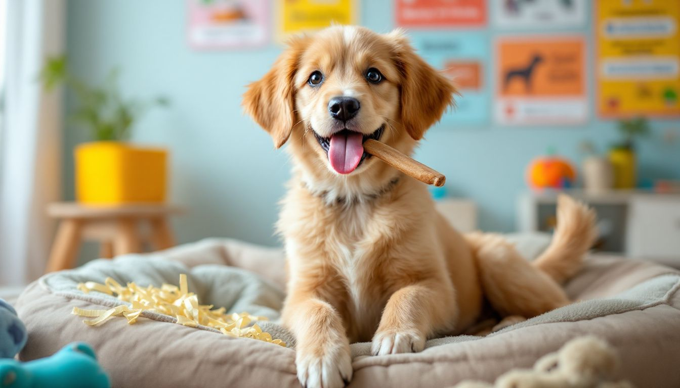 A happy puppy enjoying a bully stick, showing its benefits.