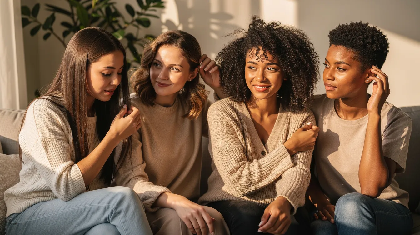 The image showcases four diverse women with varying hair textures, from straight fine hair to tight coils, each gently touching their hair in a serene, natural environment. This scene highlights the beauty of different hair types and promotes healthy hair practices, emphasizing the importance of scalp health and hair growth oils for maintaining vibrant, strong hair.