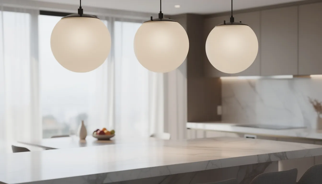 Tre identiska, sfäriska taklampor i italiensk design hänger i rad över en köksö med en marmorarbetsyta. Lamporna ger ett elegant ljus och framhäver den tidlösa estetiken i rummet.