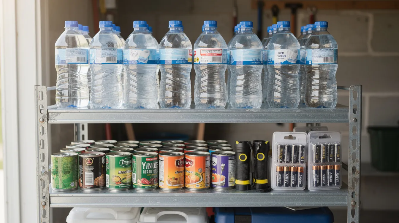 The image shows a well-organized garage shelf stocked with essential emergency supplies, including water bottles, canned food, flashlights, and batteries, all crucial for storm season preparation. These disaster supplies are part of a comprehensive emergency plan to ensure safety during hurricanes and severe weather events.