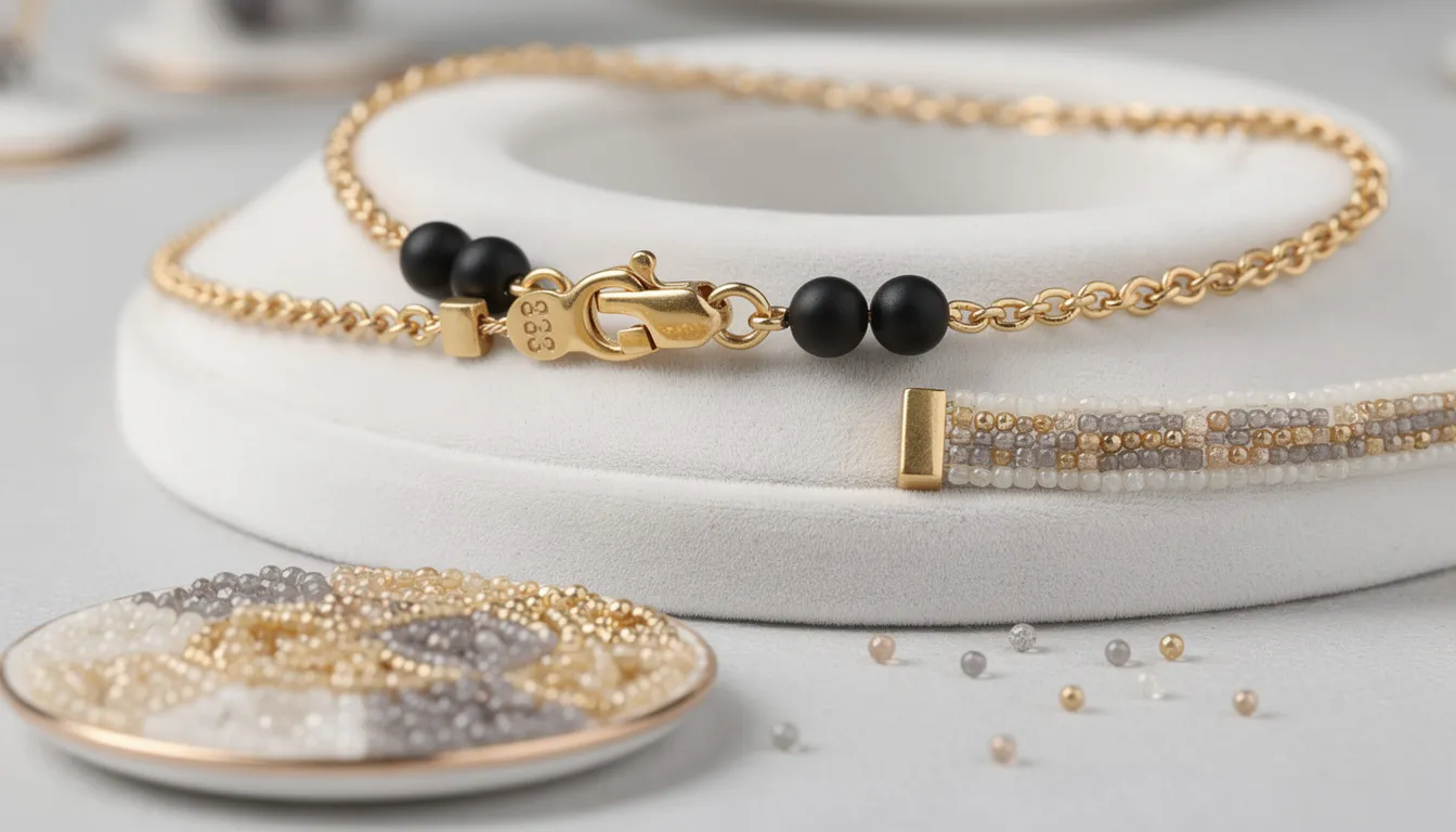 The image features a 333 gold necklace adorned with black beads, showcasing the elegant contrast between the warm gold tones and the deep black color of the beads. This combination highlights the necklace's stylish design, making it a popular choice for those who appreciate affordable yet sophisticated jewelry.