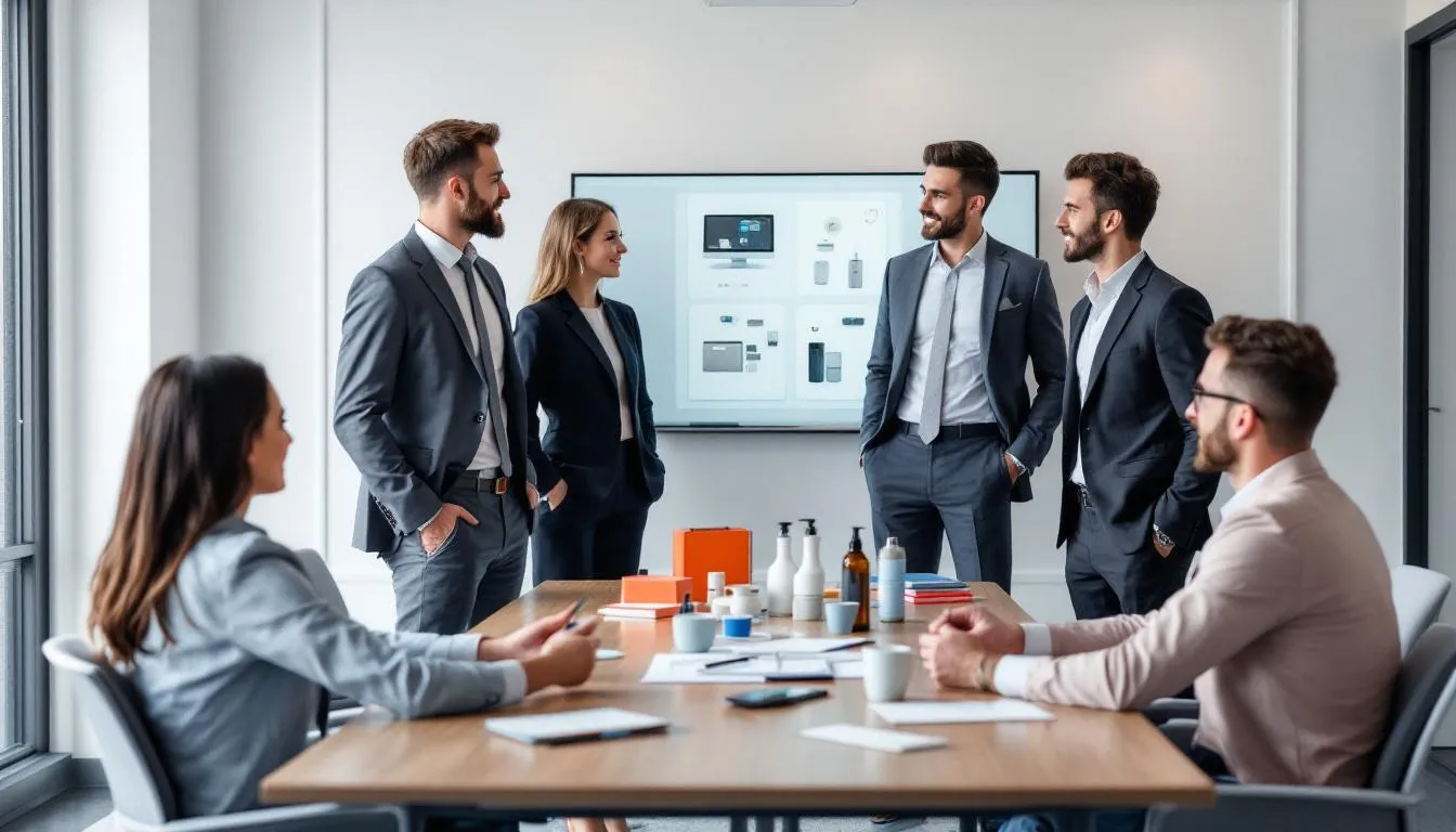 Na obrazku zespół sprzedażowy prezentuje produkty klientom biznesowym, omawiając strategie promocyjne, które mają na celu pozyskiwanie nowych klientów oraz zwiększenie sprzedaży. W tle widać materiały reklamowe i wykresy, które ilustrują działania promocyjne i cele marketingowe.