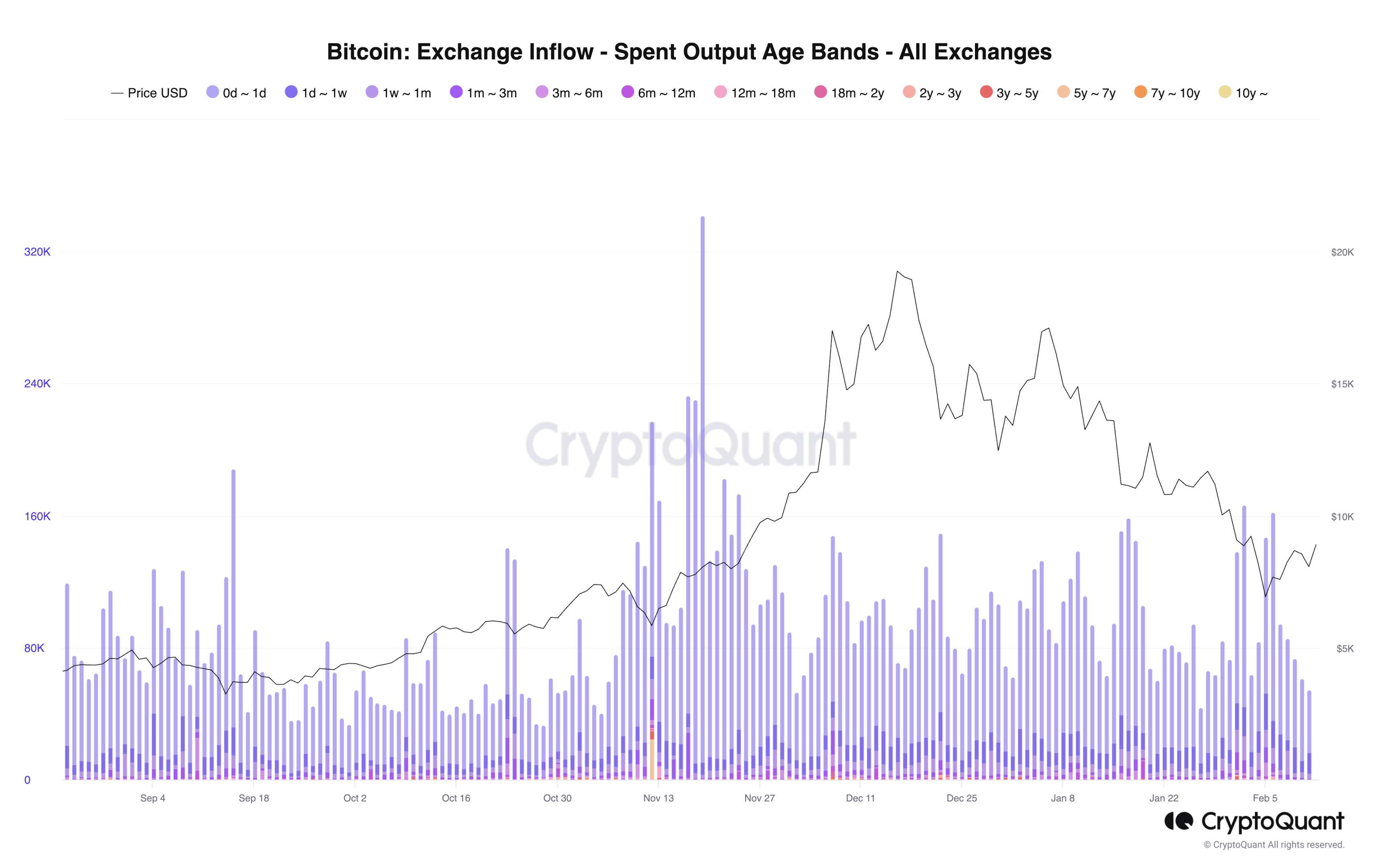 Bitcoin: Exchange Inflow - Spent Output Age Bands - All Exchanges. CryptoQuant