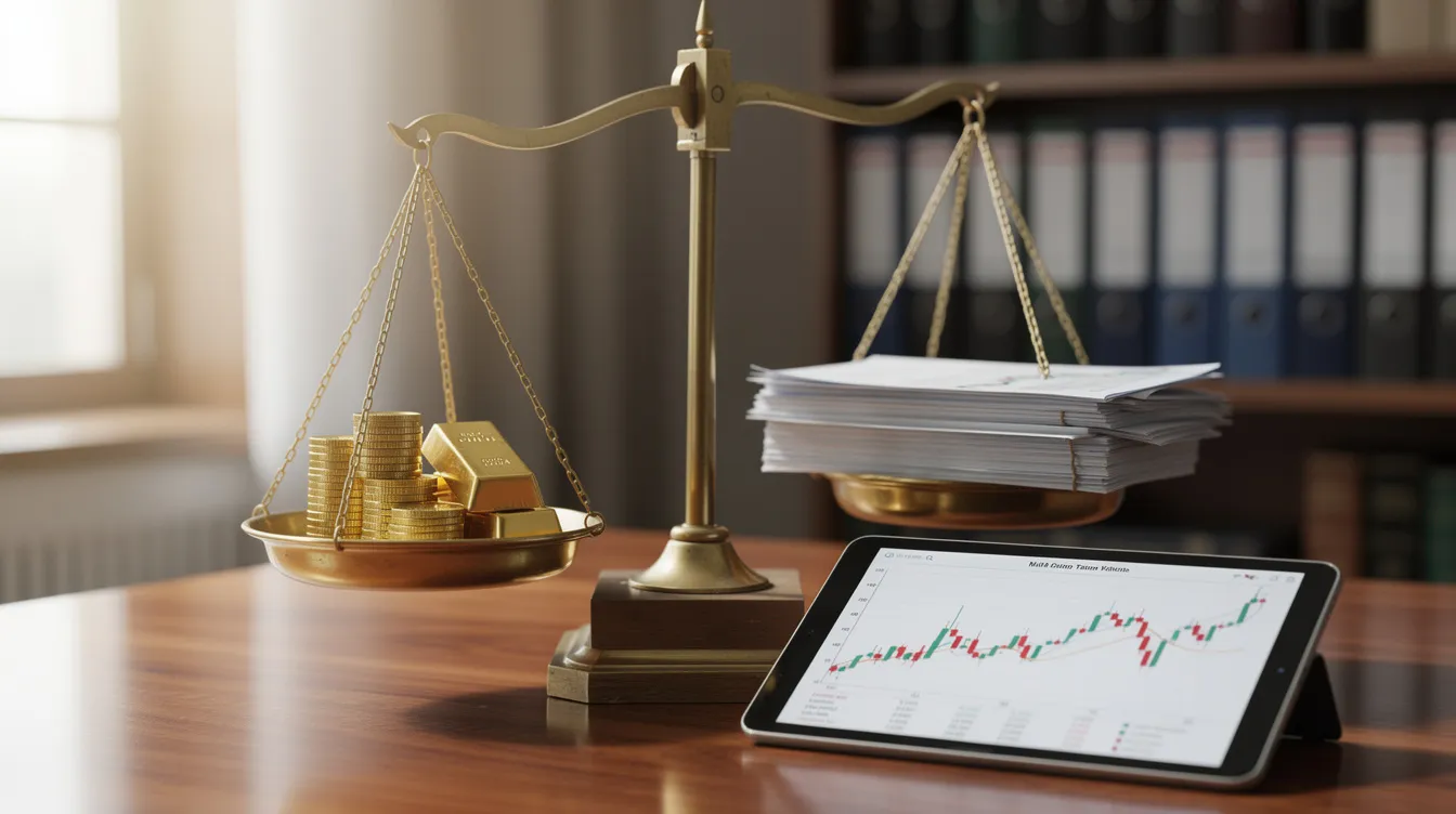 The image depicts a balance scale with investment options on either side, symbolizing the careful consideration needed when choosing between different assets such as physical gold and silver bullion for retirement savings. This visual representation emphasizes the importance of informed decisions in the gold IRA industry, particularly when evaluating companies like Augusta Precious Metals for a secure financial future.