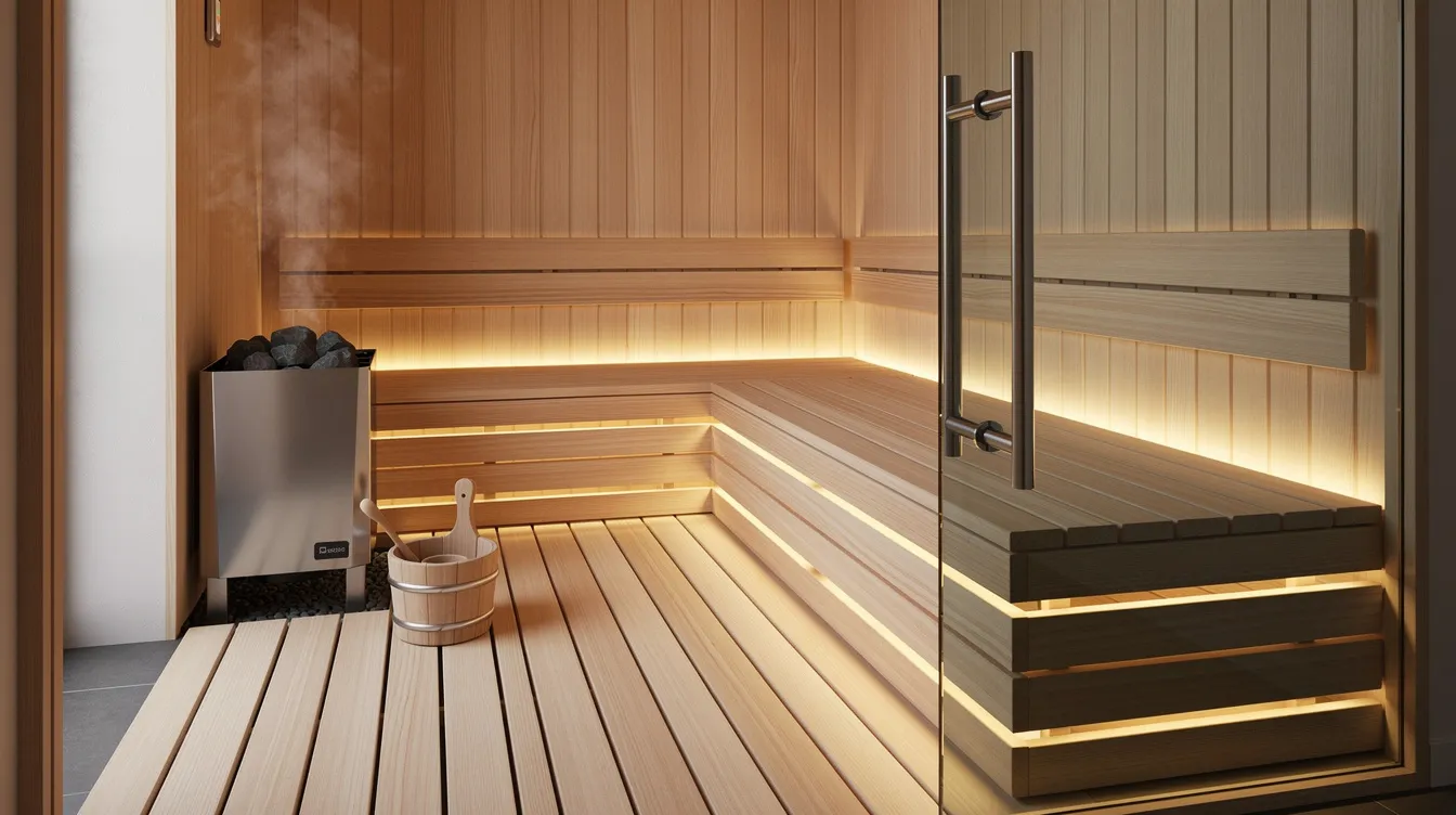 The image depicts the interior of a modern sauna featuring clean wood flooring and benches, designed for comfort during a sauna session. The treated plywood floor and sleek wood benches create a warm and inviting hot room atmosphere, ideal for relaxation and rejuvenation.