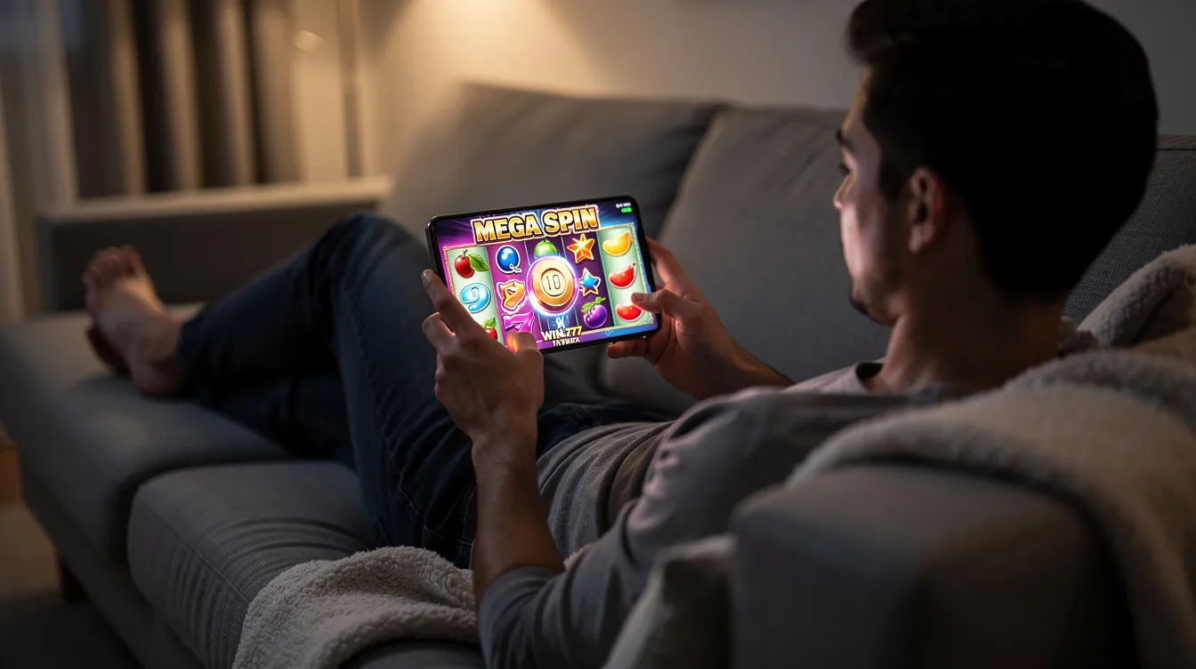 A person is comfortably lounging on a sofa, holding a smartphone that showcases a vibrant slot game filled with colorful symbols. This scene evokes the excitement of online casinos, particularly non gamstop casinos, where players can enjoy various casino games and promotions.