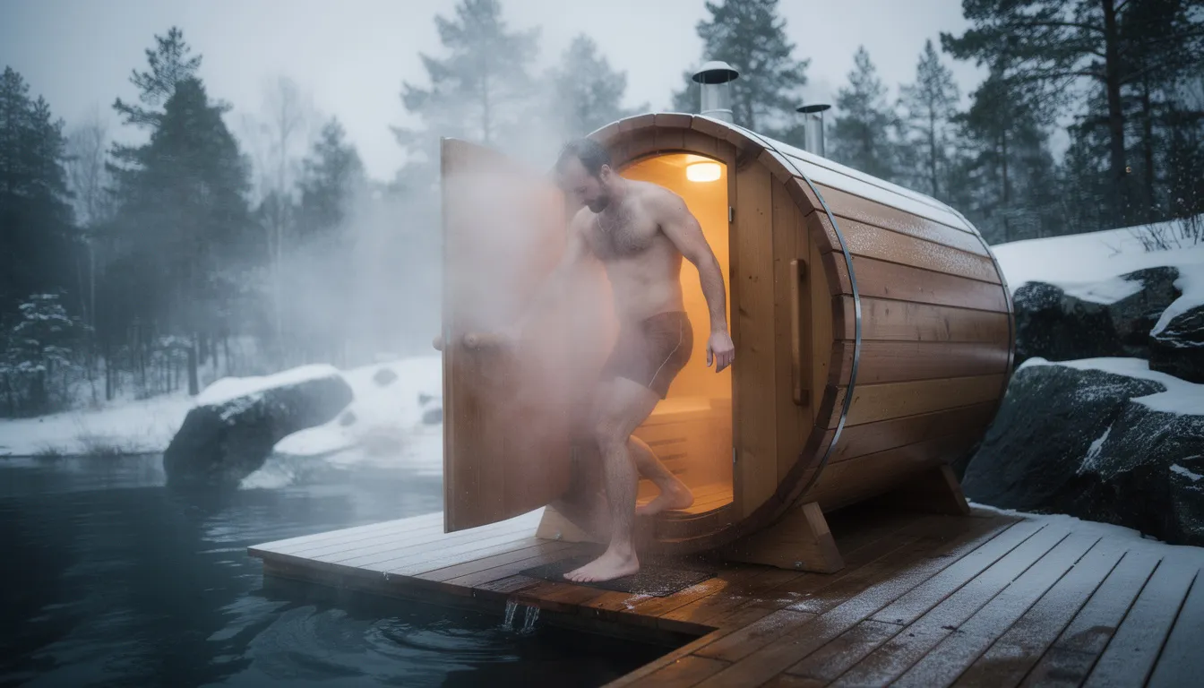 A person is stepping from a wooden sauna into an outdoor cold plunge pool, experiencing the invigorating effects of contrast therapy with hot and cold temperatures. This transition promotes increased blood flow and aids in muscle recovery, enhancing overall well-being.