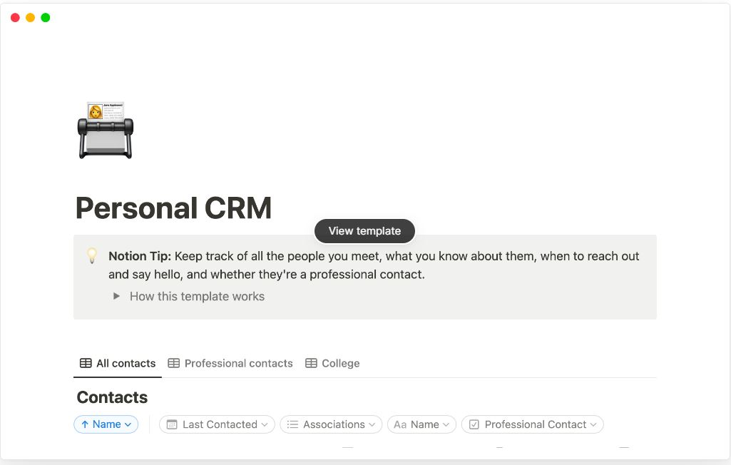 notion template - personal CRM