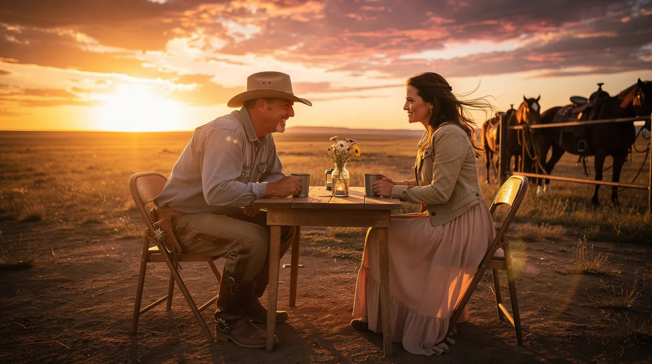 A cowboy and a woman enjoy a romantic date at sunset, surrounded by the serene beauty of the countryside, embodying the authentic cowboy lifestyle. The warm hues of the sunset create a perfect backdrop for their connection, highlighting the charm of dating in a rural setting.