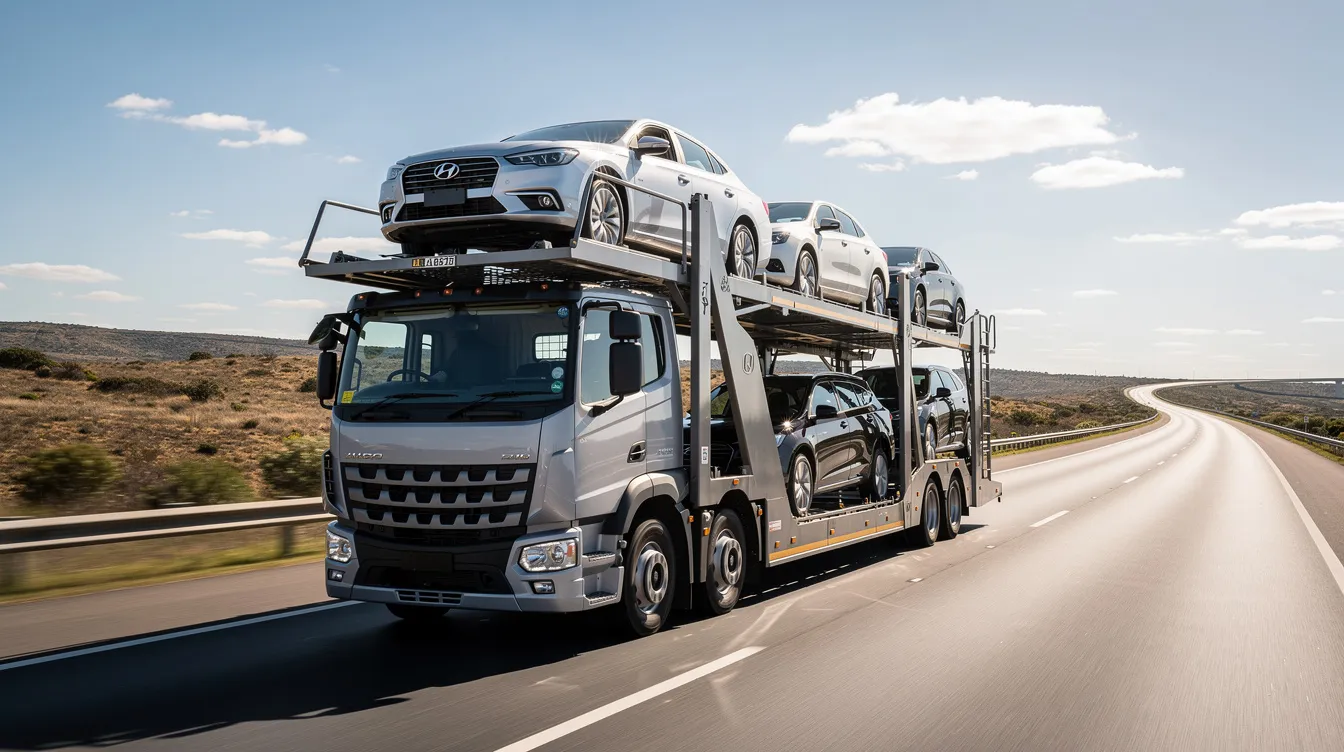 A car carrier truck is seen transporting multiple new vehicles on an open highway, showcasing the efficient vehicle transport process utilized by OEM auto manufacturers. The trucks are designed for safe and secure transportation, ensuring that the finished vehicles are delivered safely and in pristine condition.