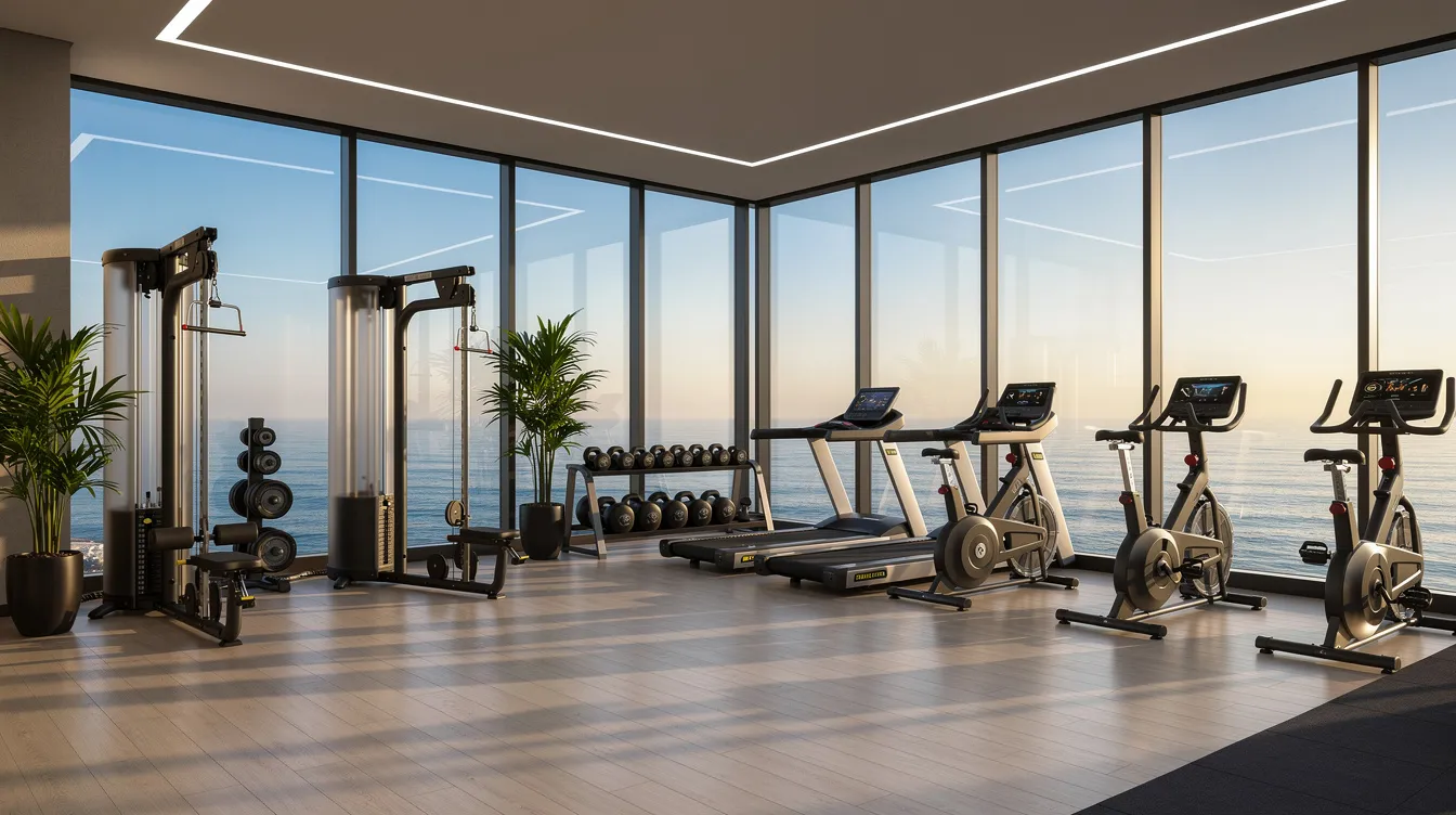 A modern gym with large windows offers a stunning ocean view, showcasing the beautiful beaches of Rio de Janeiro. The space is designed for fitness enthusiasts who enjoy a vibrant atmosphere while working out amidst the scenic backdrop of the Atlantic Ocean.
