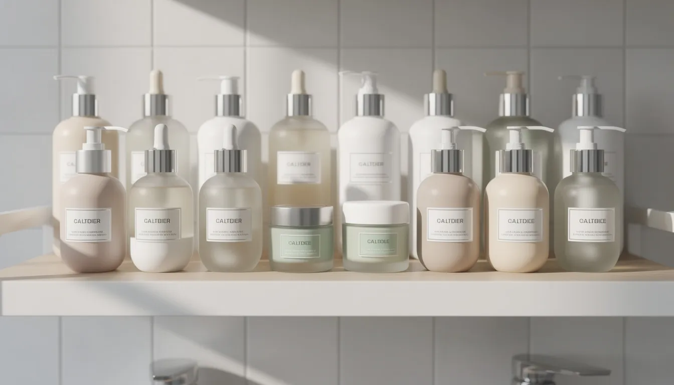 The image features an organized collection of various skincare bottles and jars neatly arranged on a bathroom shelf, showcasing products aimed at enhancing skin health and promoting anti-aging benefits. These items likely include peptide serums and creams designed to stimulate collagen production, improve skin elasticity, and support overall skin rejuvenation.