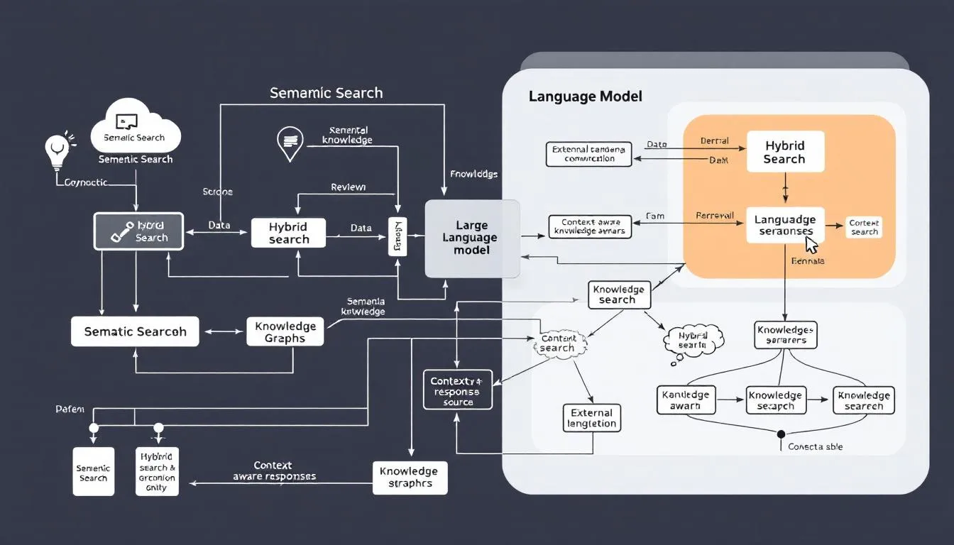 The image depicts a complex diagram illustrating the architecture of a retrieval augmented generation (RAG) system, showcasing elements such as semantic search, hybrid search, and knowledge graphs. This system is designed to enhance the retrieval process by integrating large language models with relevant documents to provide accurate, context-aware responses to user queries.