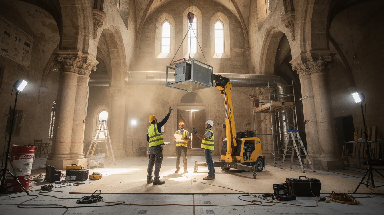 A team of construction workers is coordinating the installation of mechanical equipment inside the interior of a historic stone building, showcasing the intersection of construction and historic preservation. This adaptive reuse project emphasizes careful planning and communication among stakeholders to ensure the building's structural integrity and historical significance are maintained.
